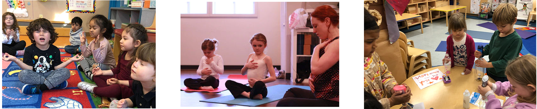 Image one - young children meditating on a rug with eyes closed. Image 2 - 2 children and an adult with hands on hearts, image 3 - children making glitter jars holding bottles and glue at a table in a school