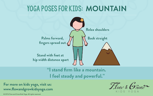 Mountain Pose. Kids Yoga Poses. Child practices mountain pose / tadasana beside a mountain illustration. Instructions read "Relax shoulders. Back straight. Palms forward, fingers spread out. Stand with feet and hip width distance apart." Mantra reads "I stand firm like a mountain. I feel steady and powerful." Flow and Grow Kids Yoga - yoga poses for kids