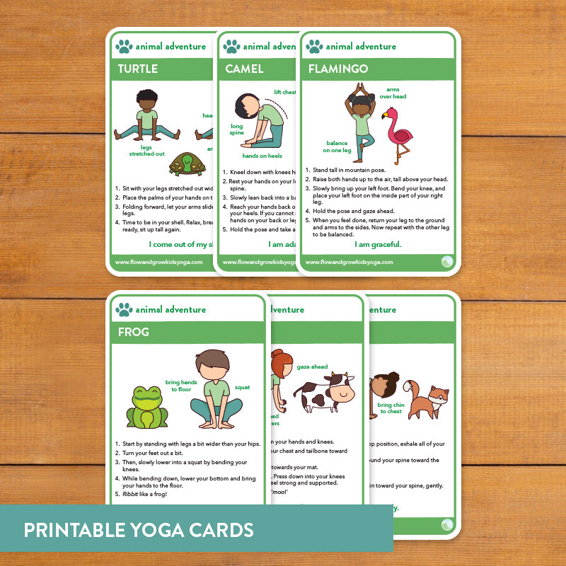 Kids yoga animal yoga cards. turtle pose, camel pose, flamingo pose, frog pose, cow pose, cat pose.