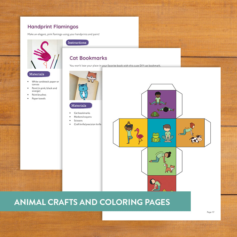 kids yoga activities. yoga animal dice. cat bookmark. flamingo craft. kids yoga lesson plan activities