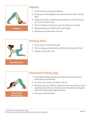 dolphin pose. illustration and instructions. donkey kicks yoga pose, table variation. Downward dog illustration and instructions. yoga pose manual to learn to teach kids yoga poses.