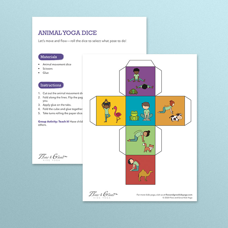 kids yoga animal dice game. printable yoga activity