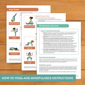 gratitude yoga for kids yoga pose instructions, mindfulness activities. Yoga poses: dancer pose, standing leg split. child's pose. seated forward fold. table top. goddess pose"