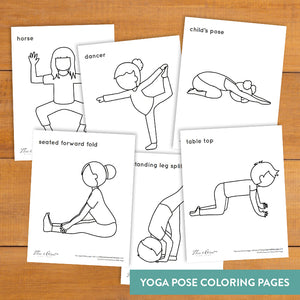 gratitude yoga coloring sheets. kids yoga. horse pose, dancer pose, child's pose, table pose, standing leg split pose, seated forward pose.