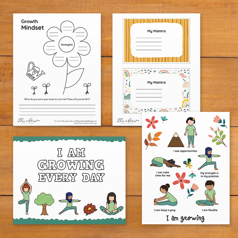 growth mindset worksheets, affirmation cards, yoga posters