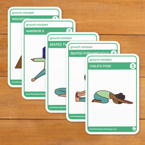 Yoga pose cards - growth mindset - mountain pose, warrior 2, seated twist, seated forward fold, child's pose
