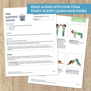 Kids Yoga Lesson Plan. Yoga Literacy Activity. Yoga pose cards. The Napping House Yoga Lesson Plan. Reverse table pose. Partner Pose. Downward dog pose. Child's Pose.
