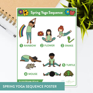 spring kids yoga poster - rainbow pose, flower pose, cobra pose, child's pose, turtle pose