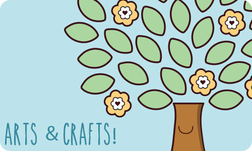 "Arts & Crafts" is captioned and there is an illustration of a tree with a smile on the trunk, which is light brown. The leaves are light green and there are yellow flowers amongst them. The background is light blue. Image intended for children.
