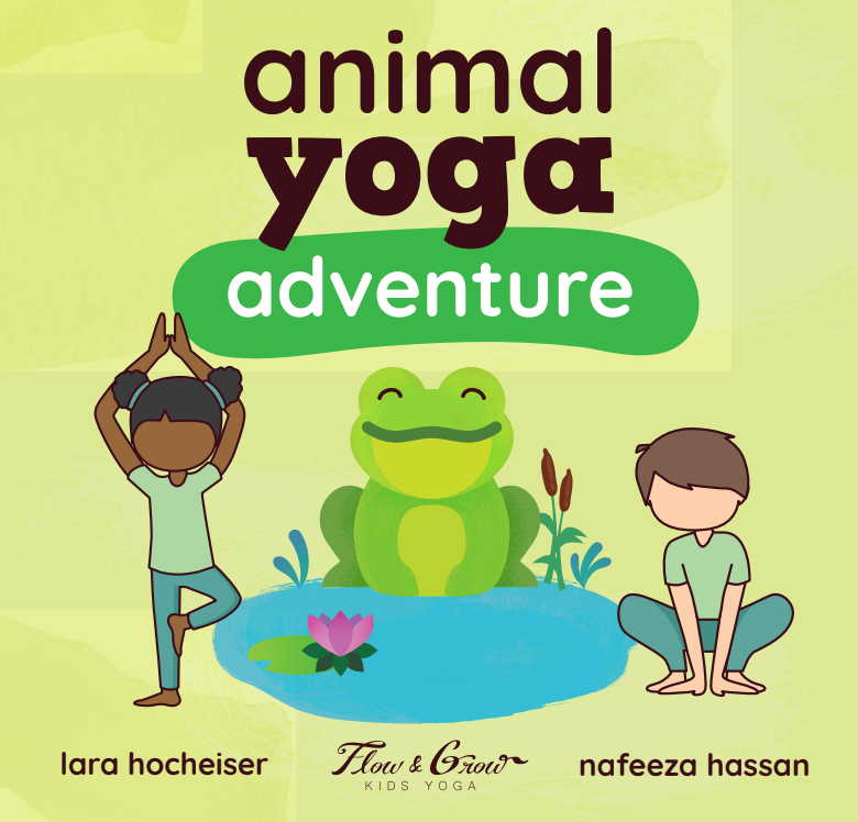 Kids yoga lesson plans. animal yoga adventure book cover - there is a brown girl doing tree pose, a frog illustration, and a white boy in frog pose. 