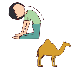 Camel Pose - Kids. Yoga Poses. Child practices camel pose beside illustration of a camel. From the Flow and Grow Kids Yoga book 