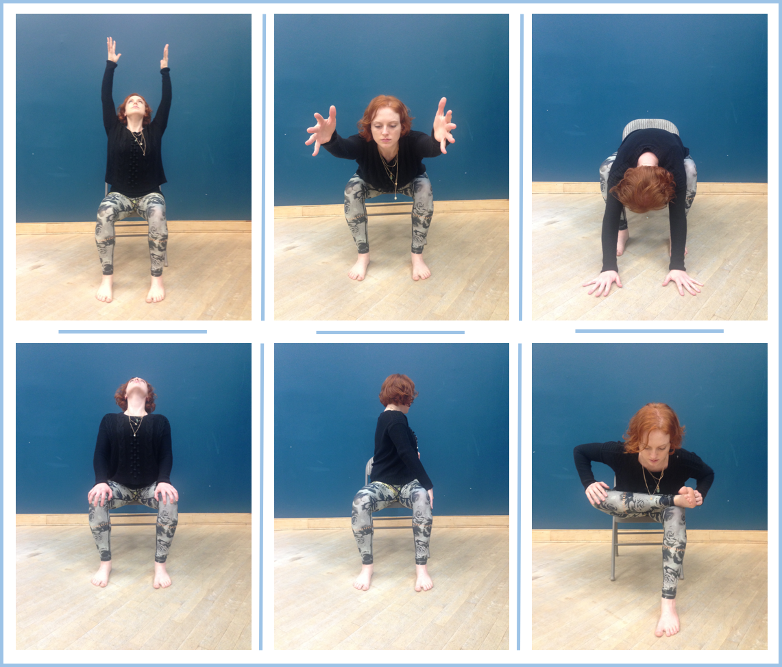 Chair Yoga Sequence. Mountain pose, Chair pose, forward fold. Cow pose, seated spinal twist, pigeon. Chair pose variations with Lara Hocheiser of Flow and Grow Kids Yoga