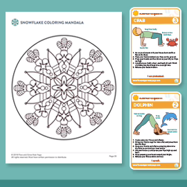 seasonal yoga activities - a snowflake mandala coloring sheet and summer yoga poses -crab and dolphin yoga cards