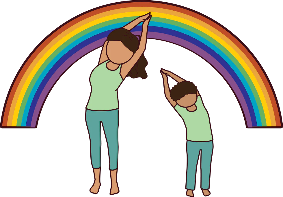 Kids Yoga Partner Pose - Rainbow yoga pose. Side bend. 
