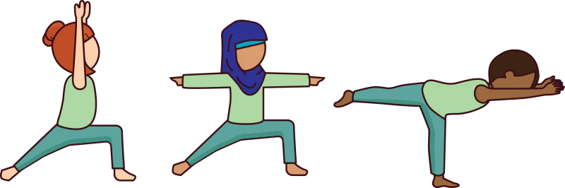 red head child doing warrior 1, brown girl in hijab doing warrior 2, black boy with short hair doing warrior 3. All wear light blue and green
