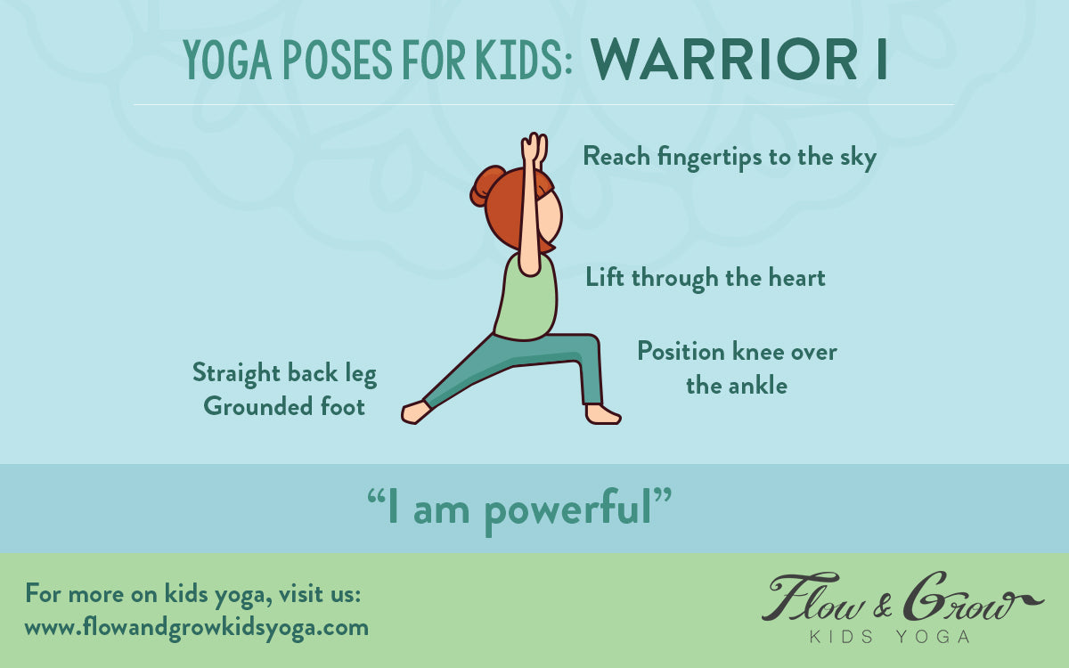 Warrior 1 - Kids Yoga Poses. "Yoga poses for kids: warrior 1" Mantra, "I am powerful!" Instructions: Straight back leg and grounded foot. Position front knee over ankle. Lift through the heart. Reach fingertips to the sky." Red head child practices warrior 1. Flow and Grow Kids Yoga pose illustrations