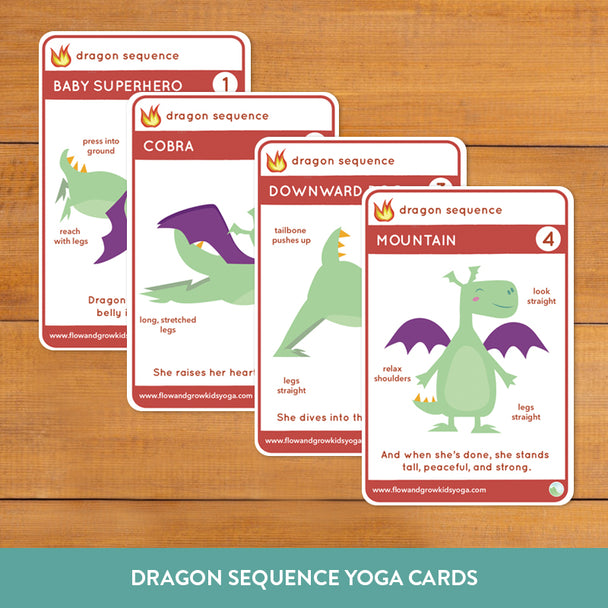 dragon kids yoga cards. yoga sequence for toddler/preschool/elementary school. yoga poem. kids yoga lesson plan and cards