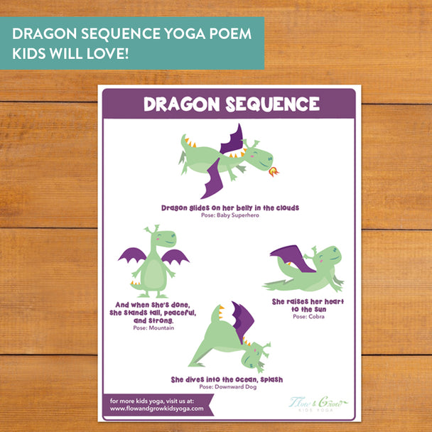 dragon yoga poster. poem and yoga poses. locust pose, cobra pose, downward dog pose, mountain pose. kids yoga pose poster