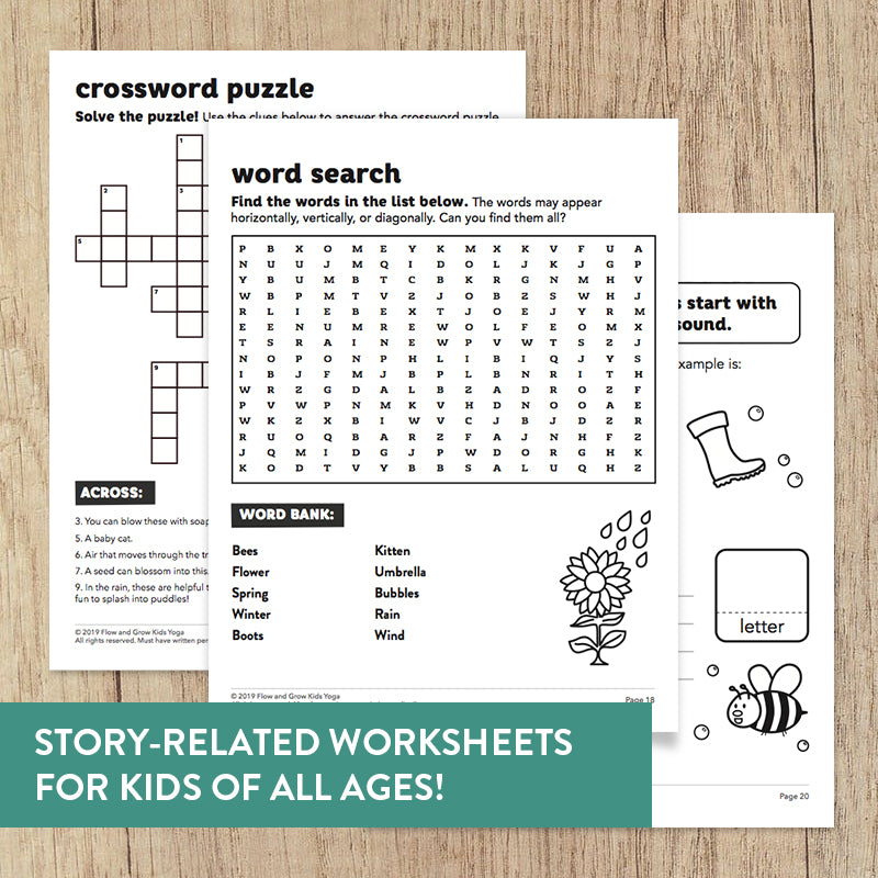 kids yoga word search, cross word, and fun activity worksheets