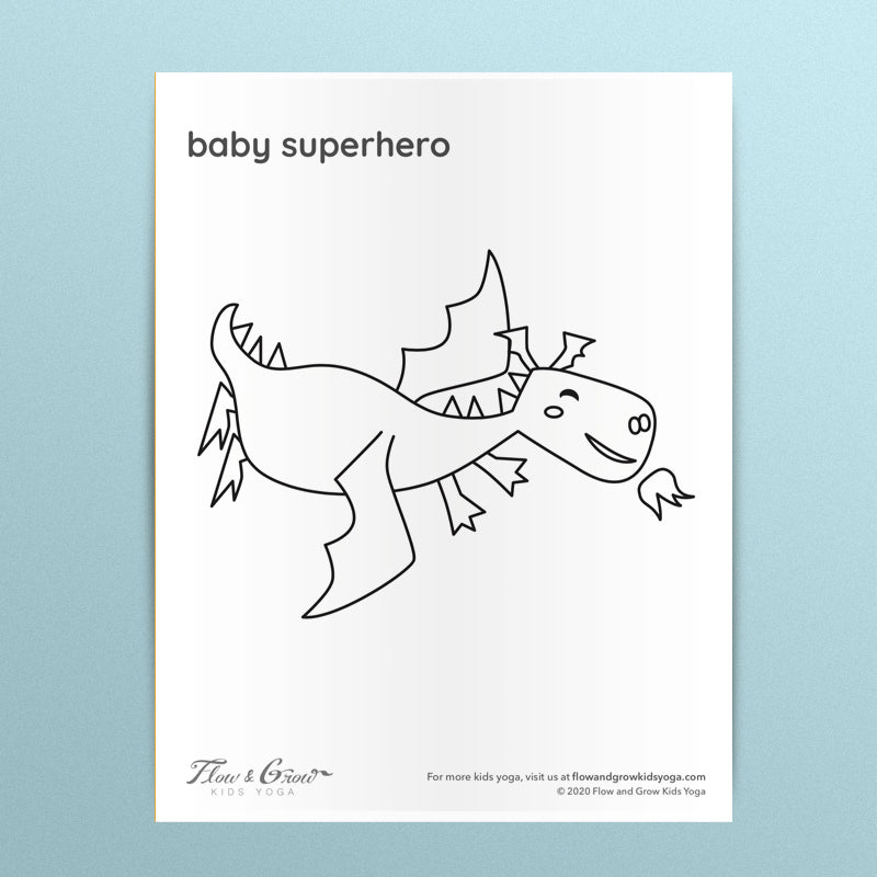 Dragon coloring page. locust pose. airplane pose on the belly. baby yoga pose coloring sheet