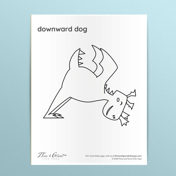 dragon pose coloring page. downward dog. toddler and preschool yoga