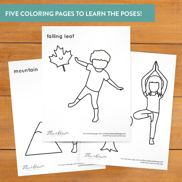 kids yoga pose coloring sheets. falling leaf pose, tree pose, mountain pose coloring sheets. autumn yoga for kids