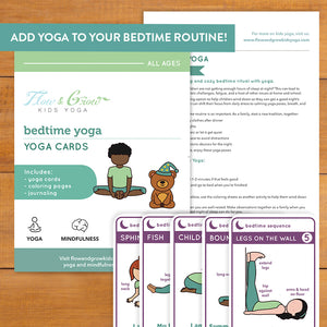 Bedtime yoga cards and lesson plan unit. Legs on the wall, bound angle, child's pose, fish pose, sphinx pose. bedtime yoga and mindfulness activities for kids. sleep better. 