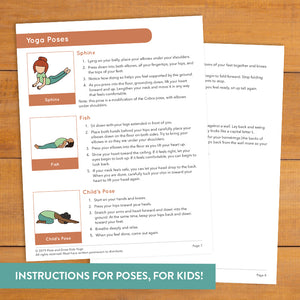 bedtime yoga pose instructions and poses. bedtime yoga lesson plan. sphinx, fish, and child's pose pictured.
