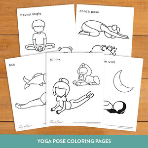 bedtime yoga pose coloring pages. bound angle pose, child's pose, Sphinx pose, legs on the wall pose, fish pose. 