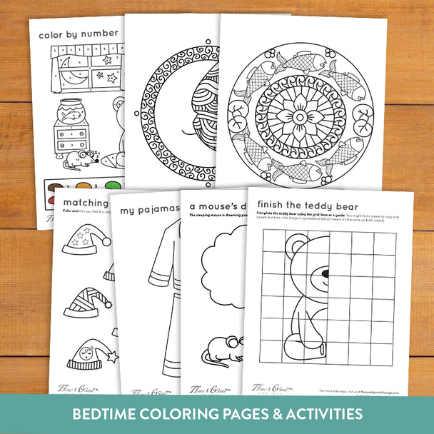 Bedtime Coloring pages & yoga activities