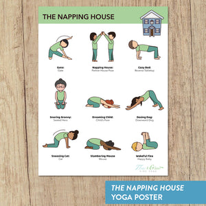 Kids Yoga Lesson Plan. Kids Yoga poster. Gate pose, partner pose (house pose), reverse table/bed pose, hero pose, child's pose, dog pose, cat pose, mouse pose, happy baby pose. The Napping House Poster of Yoga Poses to Accompany the book