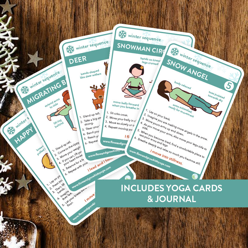 winter yoga cards - kids yoga. happy baby, airplane pose, warrior 1, pelvic circles, savasana
